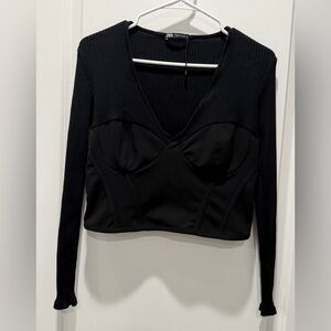 Zara Cropped Bustier Corset Combo Sweater Top Large Black Ribbed Long Sleeve